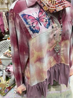 Boho Butterfly Plaid Ruffle Hem Women’s flannel - Pink large